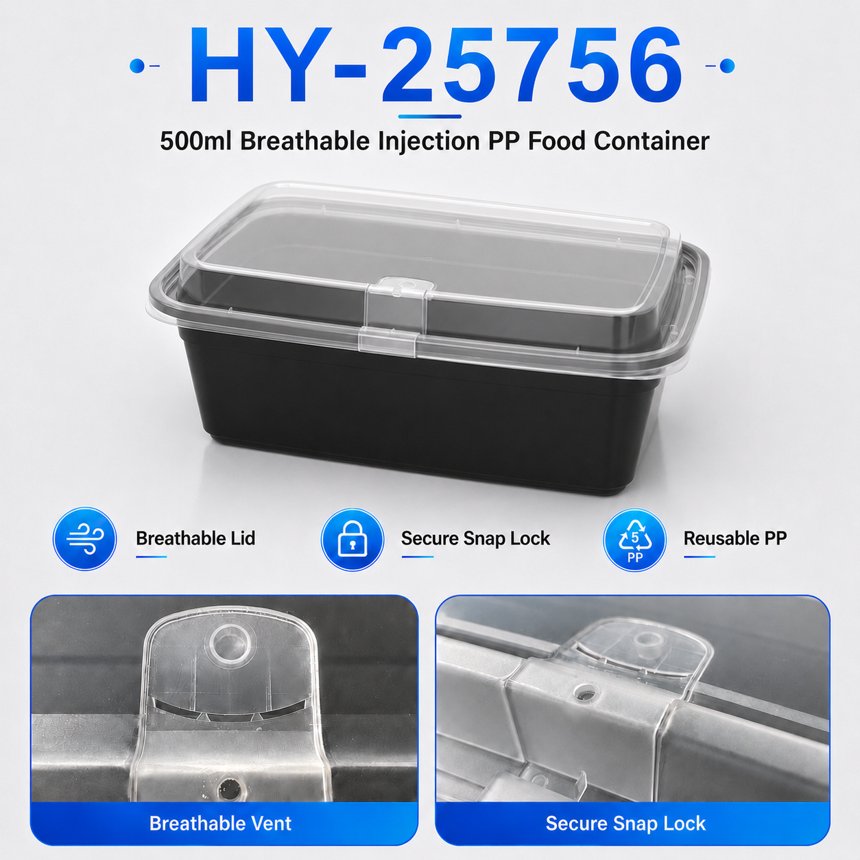 HY-25756 750ml Vented Lid Injection Molded PP Food Container for Takeaway